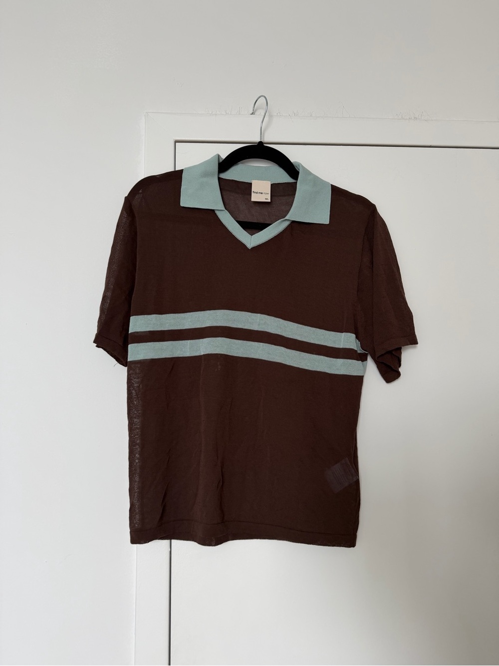 Women's Brown Polo Top with Mint Contrast Collar and Stripes